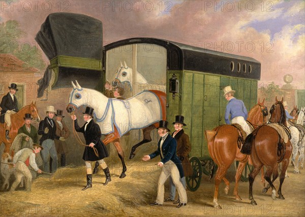 The Derby Pets: The Arrival Signed in brown paint, lower right: "J. Pollard", James Pollard, 1792-1867, British