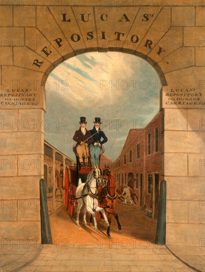Schooling a Pair in a Brake at Lucas's Yard, Clerkenwell Signed and dated, lower left: "J Pollard 1818", James Pollard, 1792-1867, British