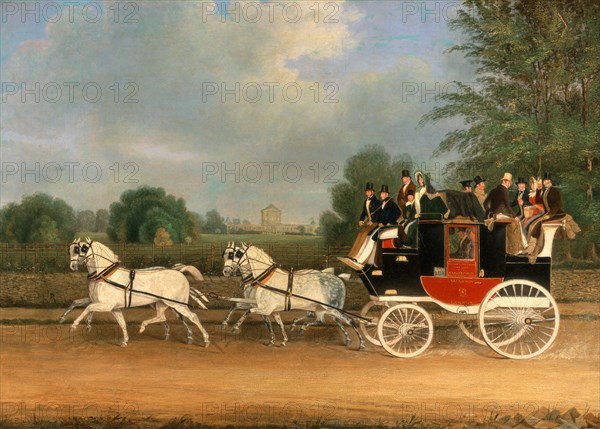 The London-Faringdon Coach passing Buckland House, Berkshire Signed and dated, brown paint, lower center: "J. Pollard Islington 1835", James Pollard, 1792-1867, British