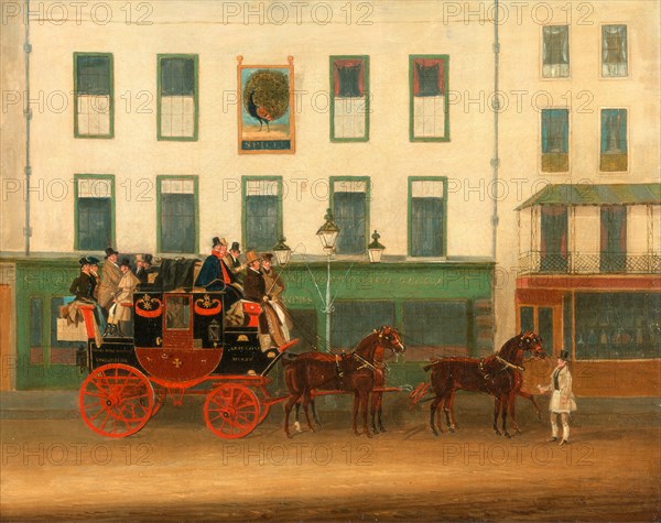 The London-Manchester Stage Coach, â€úthe Peveril of the Peak,â€ù outside the Peacock Inn, Islington The London-Manchester Stage Coach (`The Peveril of the Peak') outside the Peacock Inn, Islington, James Pollard, 1792-1867, British