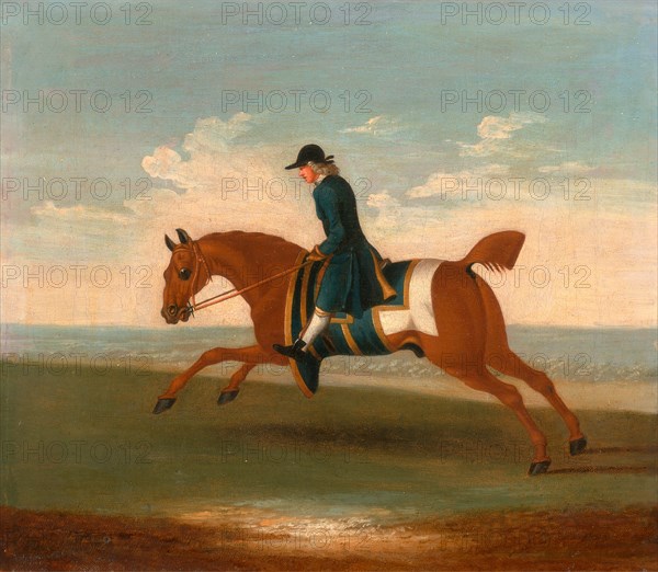 One of Four Portraits of Horses - a Chestnut Racehorse Exercised by a Trainer in a Blue Coat: galloping to the left, the horse wearing blue sweat cover and saddle-cloth edged with gold, Attributed to James Seymour, 1702-1752, British