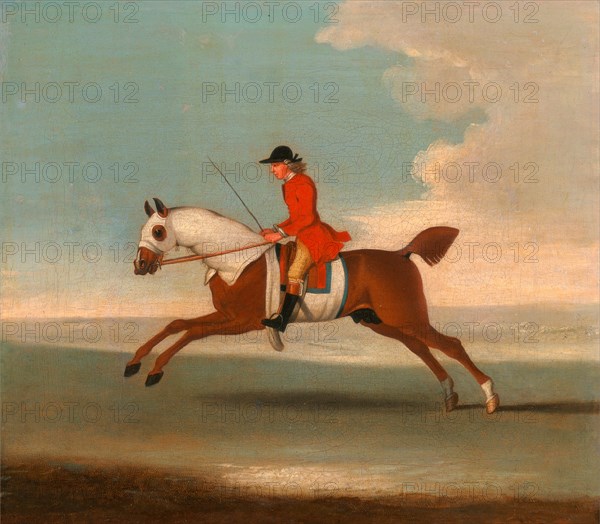 One of Four Portraits of Horses - a Chestnut Racehorse Exercised by a Trainer in a Red Coat: galloping to the left, the horse wearing white sweat covers on head, neck and body Galloping Racehorse and mounted Jockey in Red, Attributed to James Seymour, 1702-1752, British