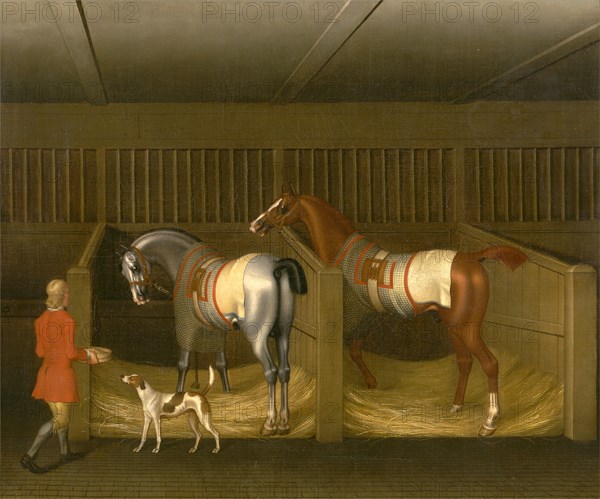 The Stables and Two Famous Running Horses belonging to His Grace, the Duke of Bolton Two Horses in a Stable with a Groom Two Horses and a Groom in a Stable Signed and dated in brown paint, center left: "JS 1747", James Seymour, 1702-1752, British