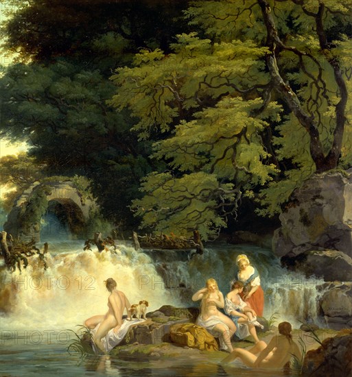 The Salmon Leap, Leixlip The Salmon Leap at Leixlip with Nymphs Bathing Girls Bathing by a Waterfall Signed and dated in black paint, lower right: "FWheatley pinx | 1783", Francis Wheatley, 1747-1801, British