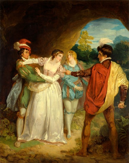 Valentine rescuing Silvia from Proteus, from Shakespeare's "The Two Gentlemen of Verona," Act V, Scene 4, the Outlaws' Cave Two Gentlemen of Verona, Act V, Scene 4. The Outlawsâ€ô Cave Silvia rescued by Valentine, from "The Two Gentlemen of Verona," Act V, Scene iv Silvia Rescued by Valentine, from 'The Two Gentlemen of Verona' Signed and dated, lower left: "F Wheatley 1792", Francis Wheatley, 1747-1801, British
