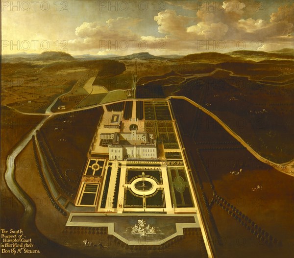 South Prospect of Hampton Court, Herefordshire Inscribed in ocher-color paint, lower left: "The South | Prospect of | Hampton Court | in Herifordsheir" Signed in ocher-color paint, lower left: "Don by Mr Stevens", John Stevens, Died 1722, Dutch