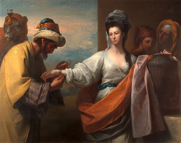 Isaac's servant tying the bracelet on Rebecca's arm Signed and dated in black paint, lower right: "B. West | 1775", Benjamin West, 1738-1820, American