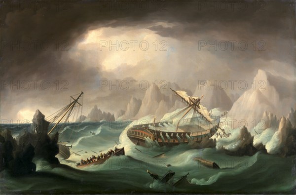 Shipwreck off a Rocky Coast Signed in ochre-colored paint, lower left: "J Buttersworth", Thomas Buttersworth, active 1798-1827, British
