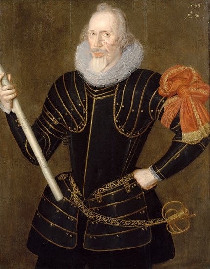 Portrait of a Man An Unknown Military Commander, Aged 60, signed and dated 1593 Dated in yellow paint, upper right: "1593 | Ae'te 60.", Robert Peake the Elder, ca. 1551-1619, British