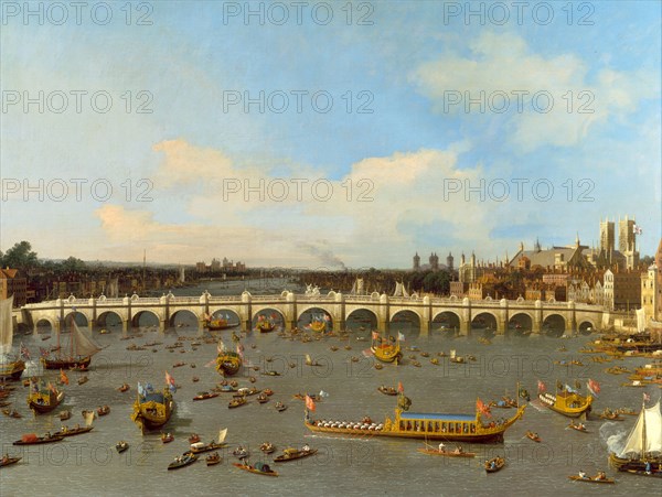 London, Westminster Bridge, with the Lord Mayor's Procession on the Thames Westminster Bridge from the North with the Lord Mayor's Procession, 29 October 1746, Canaletto, 1697-1768, Italian
