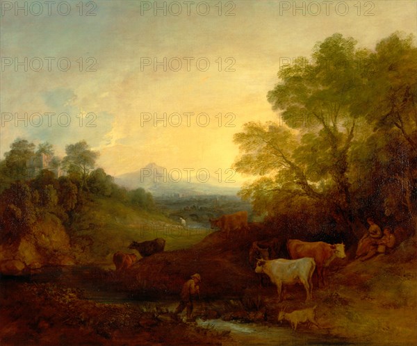 Landscape with Cattle Landscape with Cattle and Figures A Landscape with Cattle and Figures by a Stream and a Distant Bridge An english landscape with peasants and cattle Signed, lower right: "TG [monogram]", Thomas Gainsborough, 1727-1788, British