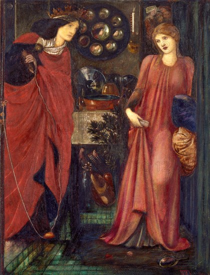 Fair Rosamund and Queen Eleanor Signed and dated, in red paint, lower right: "EBJ | 1861" (initials in monogram), Edward Burne-Jones, 1833-1898, British