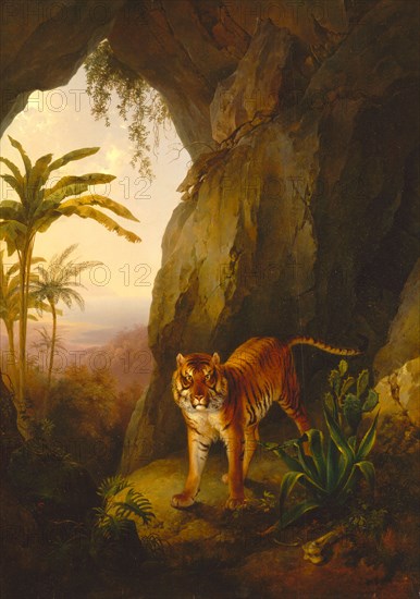 Tiger in a Cave Tropical Landscape with a Tiger Standing in a Cave, Jacques-Laurent Agasse, 1767-1849, Swiss