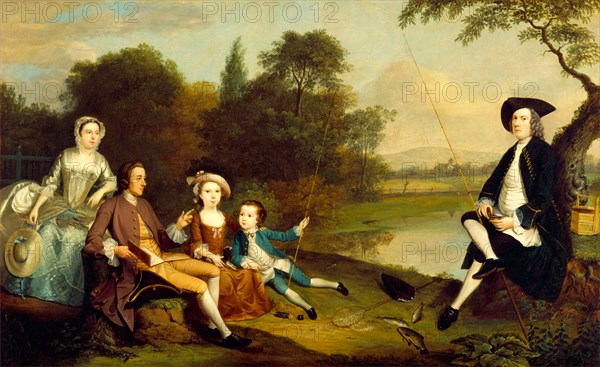 Portrait of a Family, Traditionally Known as the Swaine Family of Fencroft, Cambridgeshire Family Group Beside a River (called 'The Swaine Family') 'A Family of Anglers: the Swaine Family of Laverington [sic] Hall in the Isle of Ely' Signed and dated, lower center: "Art Devis fe | 1749.", Arthur Devis, 1712-1787, British