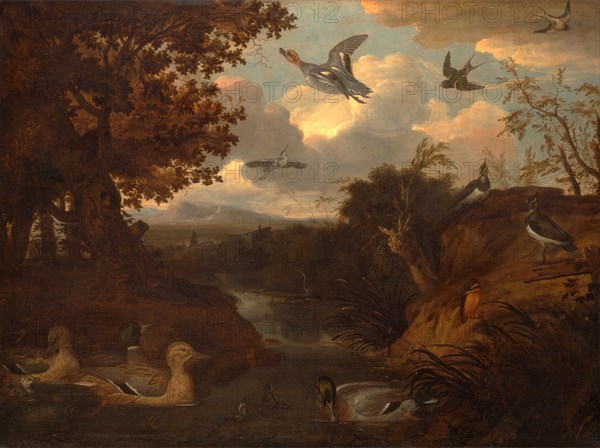 Ducks and Other Birds about a Stream in an Italianate Landscape Enten und andere Vogel an einem Bach Signed and dated in paint, lower right on broken post: "F. Barlow | 1671", Francis Barlow, 1626-1702, British