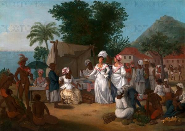A Linen Market with a Linen-stall and Vegetable Seller in the West Indies, Agostino Brunias, 1728-1796, Italian