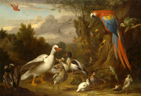 A Macaw, Ducks, Parrots and Other Birds in a Landscape Signed, lower left: "J. Bogdani", Jacob Bogdani, 1660-1724, Hungarian