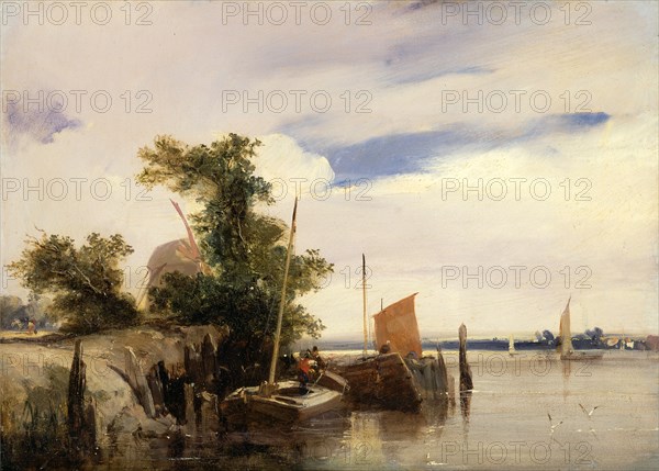 Barges on a River River Landscape Signed lower left: "RPB", Richard Parkes Bonington, 1802-1828, British