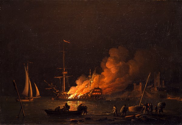 Ship on Fire at Night Signed in black paint, lower left: "C. Brooking", Charles Brooking, 1723-1759, British