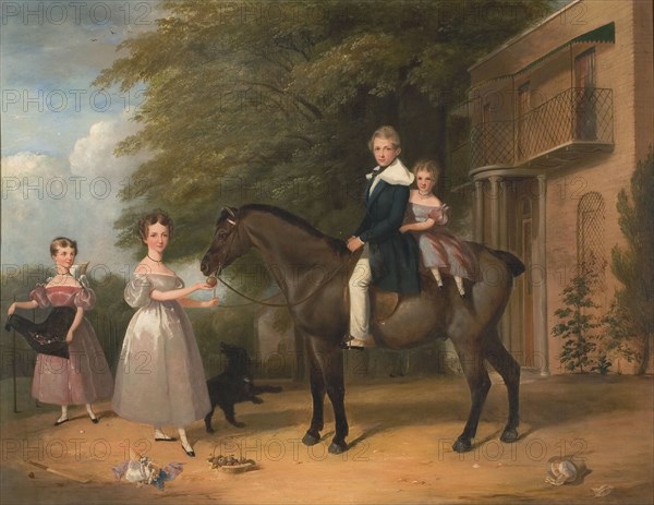 Children with Horse and Dog Signed and dated in brown paint, lower left: "HYW Barraud 1836", Henry Barraud, 1811-1874, British
