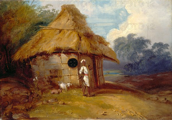 View in Southern India, with a Warrior Outside His Hut Southern India with a Hindoo Warrior outside his Hut, George Chinnery, 1774-1852, British