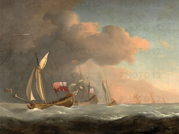 English Royal Yachts at Sea in a Strong Breeze, in Company with a Ship Flying the Royal Standard, Studio of William van de Velde the Younger, 1633-1707, Dutch