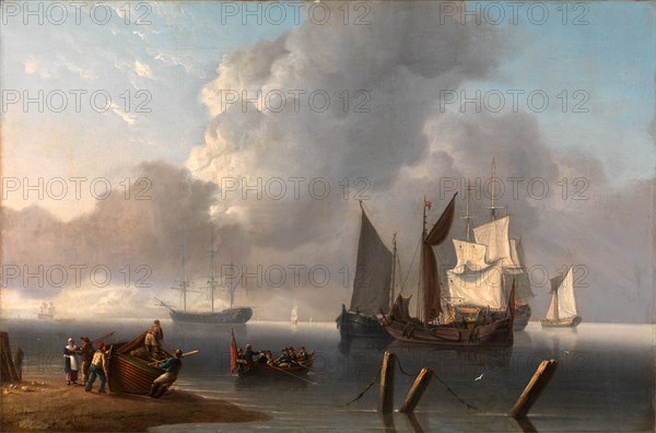 Warships Lying Offshore, the Commanding Admiral Being Rowed out to Join the Flagship, Her Sails Illuminated by a Break in the Clouds Signed, lower left: "M Powell", Charles Martin Powell, 1775 -1824, British