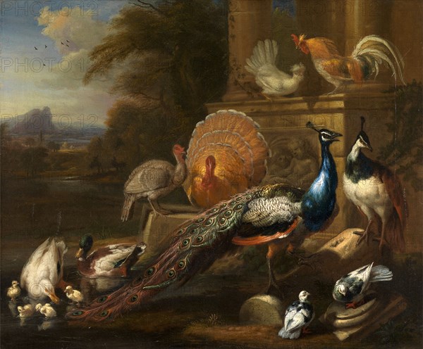 Peacocks, Doves, Turkeys, Chickens and Ducks by a Classical Ruin Signed, lower center: "M. Cra[?]", Marmaduke Cradock, 1660-1716, British