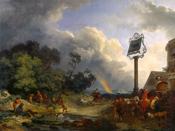 The Rainbow Travellers Outside the Bull Inn, with a Rainbow in the Sky Signed and dated, lower right: "P[h] De Loutheh | Bourg 1784", Philippe-Jacques de Loutherbourg, 1740-1812, French
