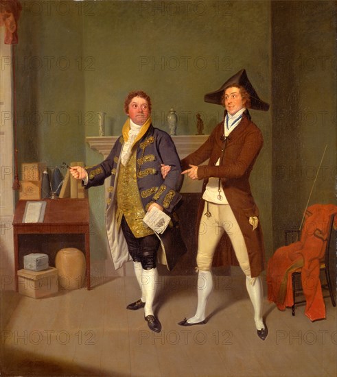 John Quick and John Fawcett in Thomas Moreton's "The Way to Get Married" John Quick as Toby Allspice and John Fawcett as Dashall in 'The Way to Get Married' by Thomas Morton Inscribed various trompe l'oeil writing Signed and dated, lower left: "S. De Wilde, Pinx 1796", Samuel de Wilde, 1748-1832, British