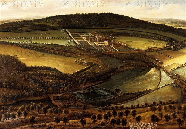 The North Prospect of Hampton Court, Herefordshire Inscribed in orcher-color paint, lower right: "The North Prospect of | Hampton Court with ye | Park + Decoy" In orcher-color paint, lower right: "by Mr. Knife", Leonard Knyff, 1650-1721, Dutch