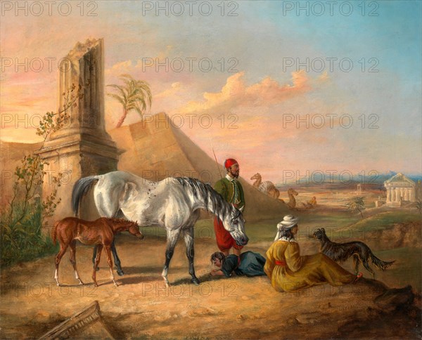 Grey Arabian mare and foal, with a family Grey Arab Mare and Foal with a Peasant Family, George Henry Laporte, 1799-1873, British