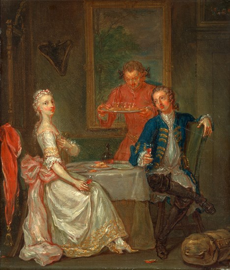 A Dinner Conversation A Man and Woman Drinking at Supper An Officer and Lady at a Table, Marcellus Laroon the Younger, 1679-1772, British