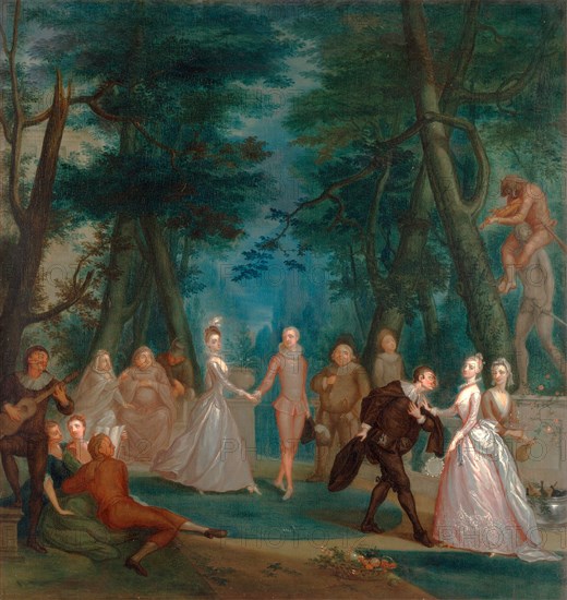 Scene in a park, with figures from the Commedia dell'Arte A Harliquinade, Marcellus Laroon the Younger, 1679-1772, British