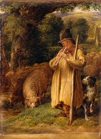 Shepherd Boy Playing a Flute Shepherd Boy A Sheperd Boy with a Dog landscape Signed and dated, lower left: "[J l...ell] [date illegible ??], John Linnell, 1792-1882, British