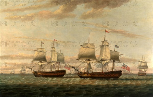 An Indiaman and a Two Decker Hove to, Said to be Thomas Dumar, Esq. in H.M. Ship 'Portland' Delivering the Leeward Island Convoy, in 1776 Inscribed on floating plank of wood, lower left: "Thos Dumar Esq in H. M. Ship Portland delivering the Leward Island Convoy to Alexr Watt [?] of the ship Thames. June 1776." Signed and dated in black paint, lower left: "T Luny 1796", Thomas Luny, 1759-1837, British