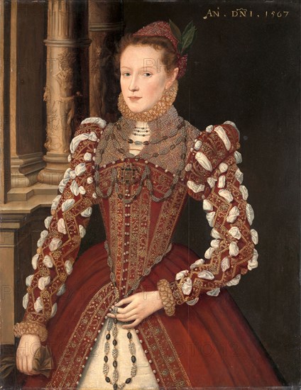 Portrait of a Woman A Young Lady, dated 1567 Dated in yellow paint, upper right: "AN. DNI. 1567", unknown artist, 16th century, British