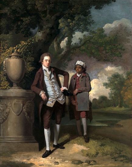 A Young Man with his Indian(?) Servant Holding a Portfolio Inscribed on monument, center left: "[?]", John Hamilton Mortimer, 1740-1779, British
