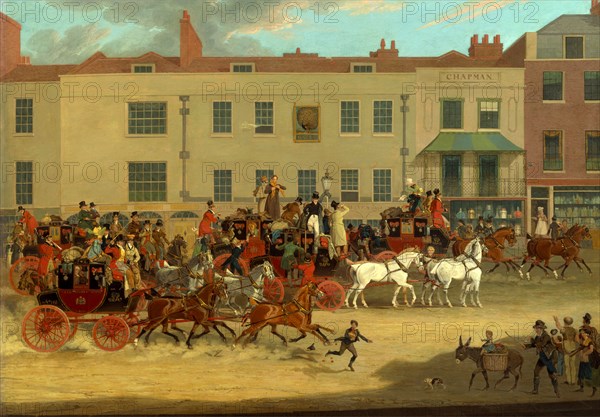 North Country Mails at the Peacock, Islington, London Signed and dated, lower right: "J. Pollard | 1821 [possibly 1824]", James Pollard, 1792-1867, British