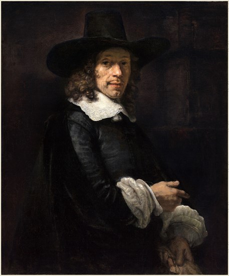 Rembrandt van Rijn, Dutch (1606-1669), Portrait of a Gentleman with a Tall Hat and Gloves, c. 1658-1660, oil on canvas transferred to canvas
