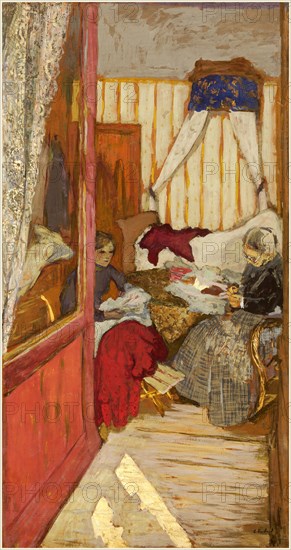 Edouard Vuillard, Women Sewing, French, 1868-1940, c. 1912, glue on paper on canvas