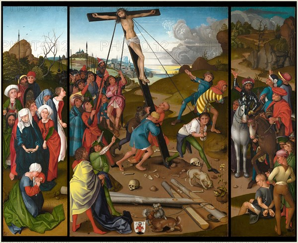 Master of the Starck Triptych, German (active c. 1480-c. 1495), The Raising of the Cross [center, left, and right panels], c. 1480-1490, oil on panel