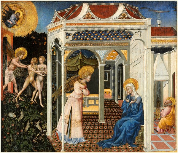 Giovanni di Paolo, Italian (c. 1403-1482), The Annunciation and Expulsion from Paradise, c. 1435, tempera on panel