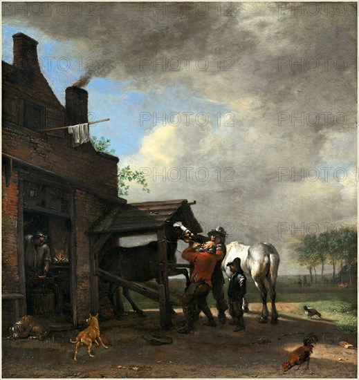 Paulus Potter, Dutch (1625-1654), A Farrier's Shop, 1648, oil on panel