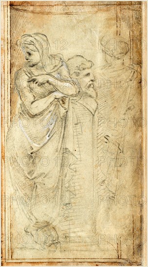 Filippino Lippi, Italian (1457-1504), Two Draped Women Standing on Either Side of a Herm, 1488-1493, metalpoint heightened with white on light green-prepared paper