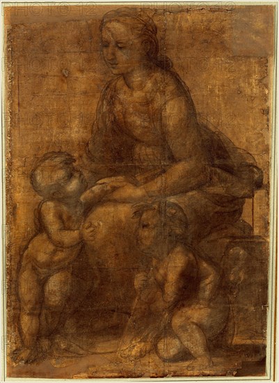 Raphael, The Madonna and Child with Saint John the Baptist, Italian, 1483-1520, c. 1507, black chalk with traces of white chalk, outlines pricked for transfer; laid down