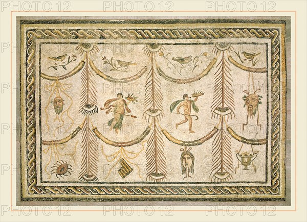 Roman 3rd Century, Symbols of Bacchus as God of Wine and the Theater, c. 200-225 A.D., mosaic, marble, and glass