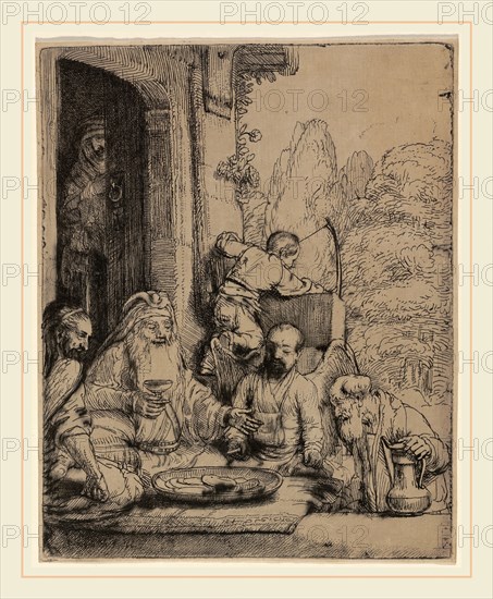 Rembrandt van Rijn, Abraham Entertaining the Angels, Dutch, 1606-1669, 1656, etching and drypoint on japan paper