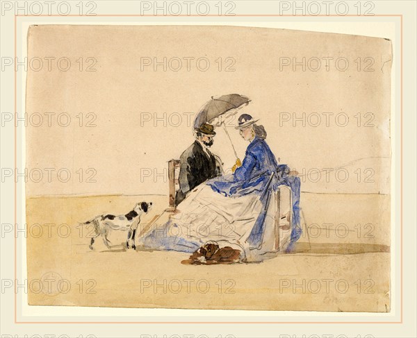 EugÃ¨ne Boudin, A Couple Seated on the Beach with Two Dogs, French, 1824-1898, c. 1865, watercolor and graphite