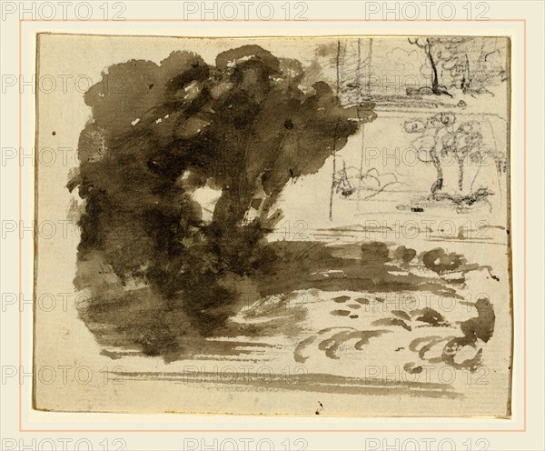John Varley, A Stand of Trees [recto], British, 1778-1842, brush and brown-gray wash with graphite on laid paper